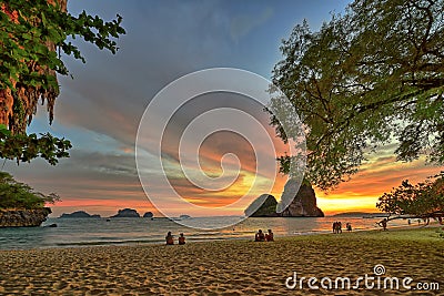 Sunset on the Railay beach in Thailand Stock Photo