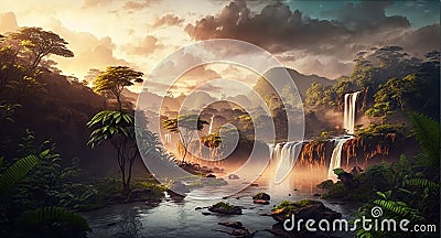 Sunset rainforest panorama with waterfall, jungle river with tropical vegetation, exotic fantasy landscape, fictional landscape Cartoon Illustration