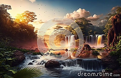 Sunset rainforest panorama with waterfall, jungle river with tropical vegetation, exotic fantasy landscape, fictional landscape Cartoon Illustration