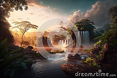 Sunset rainforest panorama with waterfall, jungle river with tropical vegetation, exotic fantasy landscape, fictional landscape Cartoon Illustration