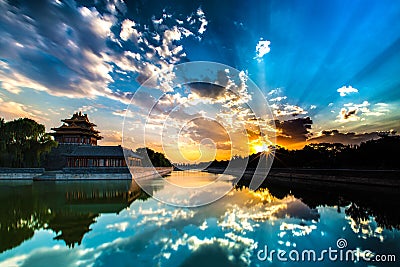 Beijing, China - JUL 11, 2014: Sunset at Forbidden City Moat, Co Editorial Stock Photo