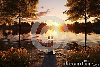 Sunset Reflections on a Quiet Lakeside Memorial Stock Photo