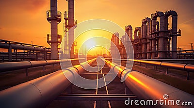 Sunset Reflections, Serene Beauty of Pipeline and Pipe Rack at a Petroleum Industrial Plant. Generative AI Stock Photo