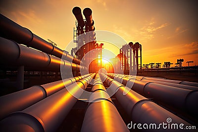 Sunset Reflections, Serene Beauty of Pipeline and Pipe Rack at a Petroleum Industrial Plant. Generative AI Stock Photo