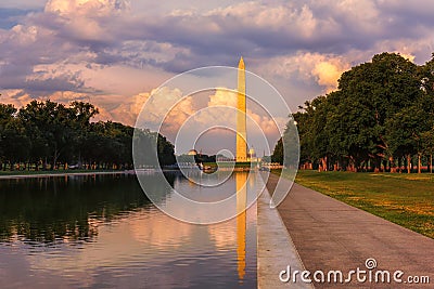 Sunset reflects Washington Monument in pool by Lincoln Memorial, Washington, DC Stock Photo