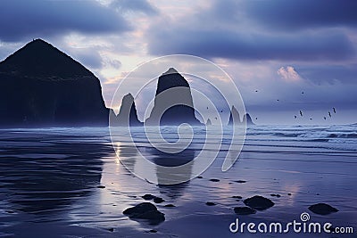 Sunset at Reynisfjara Beach, Iceland, Europe, Cannon Beach Dusk Solitude. Evening twilight at Haystack Rock in Cannon Beach, Stock Photo