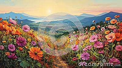 The Sunset Road: A Vibrant Painting Of Flowers On A Path Stock Photo