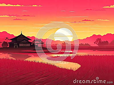 Sunset Rural Farming background for Asian agriculture concept Poster, Generative Ai Stock Photo