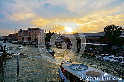 Sunset and S. Lucia train station, Venice, Italy Editorial Stock Photo