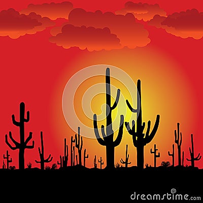 Sunset with Saguaro Cactus. Vector background. Vector Illustration