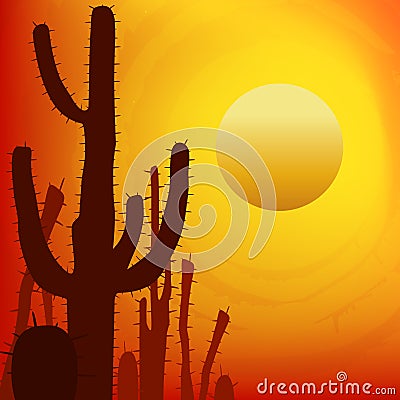 Sunset with Saguaro Cactus. Vector background. Vector Illustration