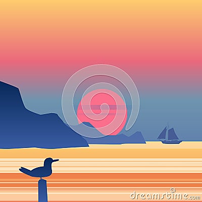 Sunset sailboat on blue sea ocean horizon, seagull, vector background, rock, sailing, illustration, vector, isolared Vector Illustration