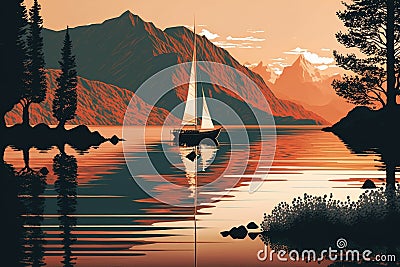 sunset sailboat on calm lake, with distant shore in view Stock Photo