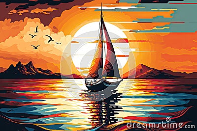 sunset sailboat on calm ocean, with peaceful waves Stock Photo