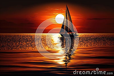 sunset sailboat gliding on calm waters, with the sun casting a warm glow Stock Photo