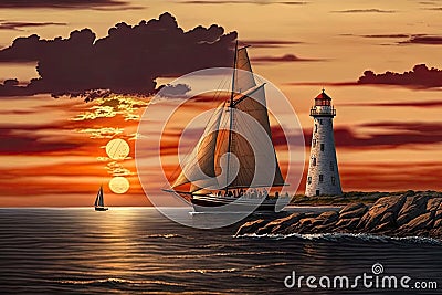 sunset sailboat racing past lighthouse on the horizon Stock Photo