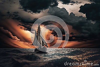 sunset sailboat with silhouette against a backdrop of dark clouds and stormy sky Stock Photo
