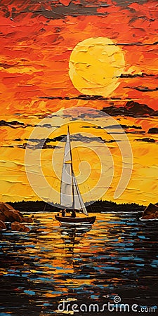 Sunset Sails: A Contemporary Canadian Art Mural Painting Stock Photo
