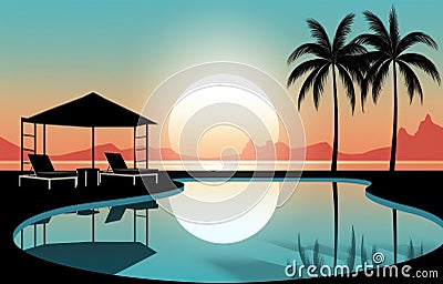 A sunset scene with lounge chairs and palm trees, AI Stock Photo