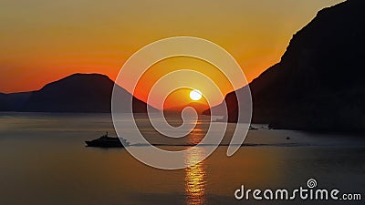 Sunset Scene, Sea Bay Ship Islands Horizons Stock Photo