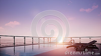 Sunset scene and vanilla sky, sea view terrace with swimming pool Stock Photo
