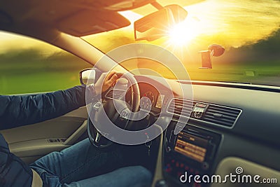 Sunset Scenery Car Drive Stock Photo