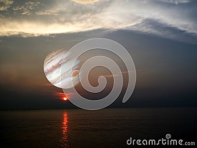 sunset on the sea and jupiter background in space Stock Photo