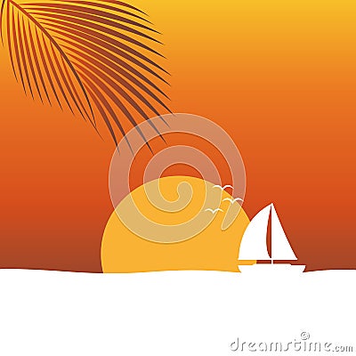 Sunset at sea nature landscape with sailboat and palm leaf orange background Vector Illustration