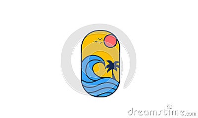 Sunset and sea wave sticker modern logo design Vector Illustration