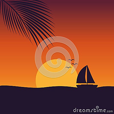 Sunset at sea with yacht marine nature landscape with sailboat and palm leaf Vector Illustration