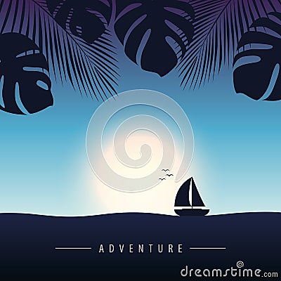 Sunset at sea with yacht marine nature landscape with sailboat and palm Vector Illustration