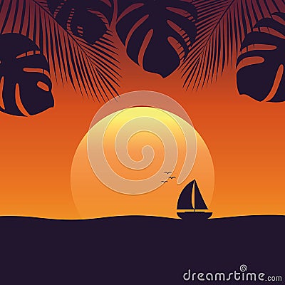 Sunset at sea with yacht marine nature landscape with sailboat and palm Vector Illustration