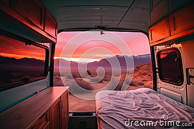 Sunset seen from back of camper van with mountains and desert landscape. Concept of nature and having freedom in holiday Stock Photo
