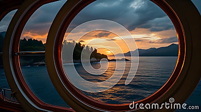 a sunset seen through a round window on a boat.Window view from ship window . Stock Photo