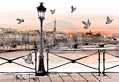 Sunset on Seine river from Pont des arts in Paris Vector Illustration