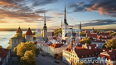 Sunset Serenade. Aerial Majesty Over the Old Town. Generative AI Stock Photo