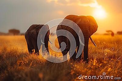 Concept Nature Conservation, Wildlife Sunset Serenade Elephants in Harmony with History Stock Photo