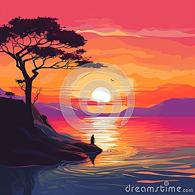 Sunset Serenade Cartoon Illustration