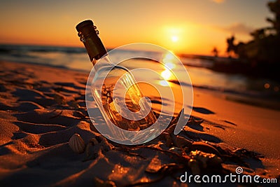 Sunset serenade message in a bottle washed ashore, romantic setting Stock Photo