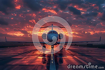 Sunset Serenade: A Private Jet's Runway Repose. Concept Private Jet, Sunset, Serenade, Runway, Stock Photo