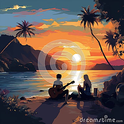 Sunset Serenade: The Tranquil Blend of Sun, Sea, and Soothing Melodies Cartoon Illustration