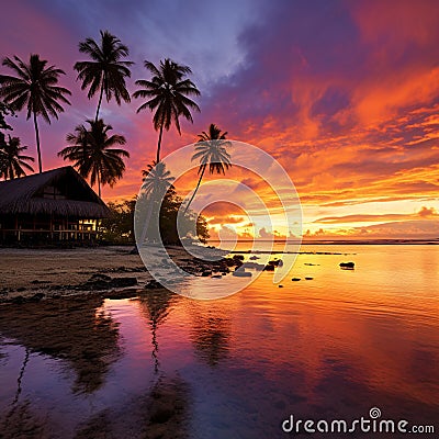Sunset Serenity: A breathtaking oasis awaits in the secluded beaches of Tahiti Stock Photo
