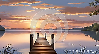 Sunset Serenity: Peaceful Evening by the Wooden Pier. Stock Photo
