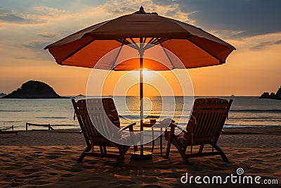 Sunset setting with aligned lounge chairs and umbrellas, summer landscape image Stock Photo