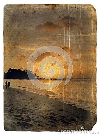 Sunset, Seychelles. Old postcard. Stock Photo