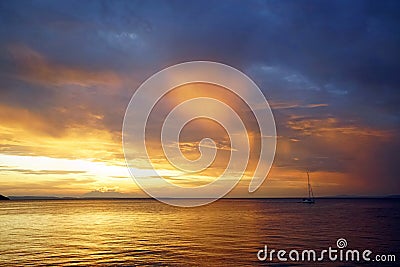 Sunset. Ship silhouette on the horizon. Beautiful view . Greece Sithonia Aegean Sea. Skyline. Horizon. Sky c Stock Photo