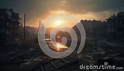 Sunset silhouette of old ruined skyscraper in polluted cityscape generated by AI Stock Photo