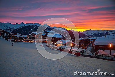 Sunset in ski resort Les Arcs 1800 Stock Photo