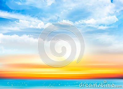 Sunset sky background with transparent clouds and sea. Vector Illustration