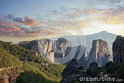 Sunset sky clouds and mountain in Meteora, Kalabaka, Greece Stock Photo